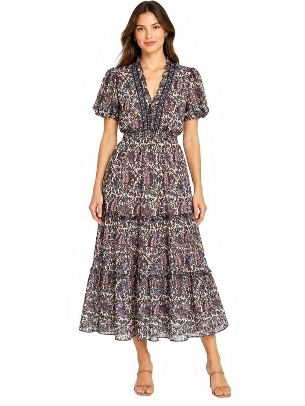 NWOT Max Studio London Floral Paisley Smocked Tiered Midi Dress XS